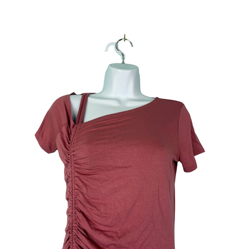 CBRAND Dusty Pink Ruched Asymmetrical Mini Dress Medium Bodycon Festival Boho - Picture 3 of 9